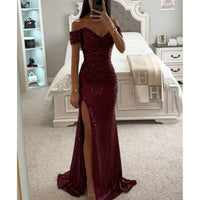 Vestido de Noche de Otoño para Mujer - Largo, con Lentejuelas, Escote Bardot y Abertura para Bodas y Fiestas