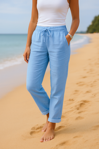 Monica - Pantalones con cintura elástica de algodón y lino