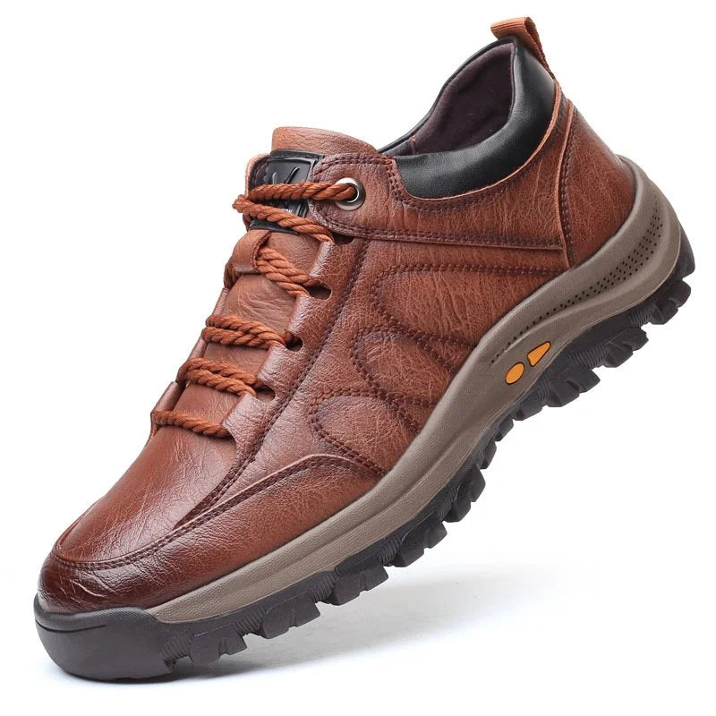 Olvoria | Hand-Stitched Men's Casual Shoes | Genuine Cowhide Leather | Orthopedic Three-Foot Support Design | Non-Slip Rubber Sole | Water-Repellent & Breathable | Black & Brown