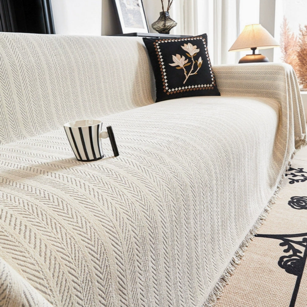 Olvoria | Herringbone Knit Sofa Cover with Tassels