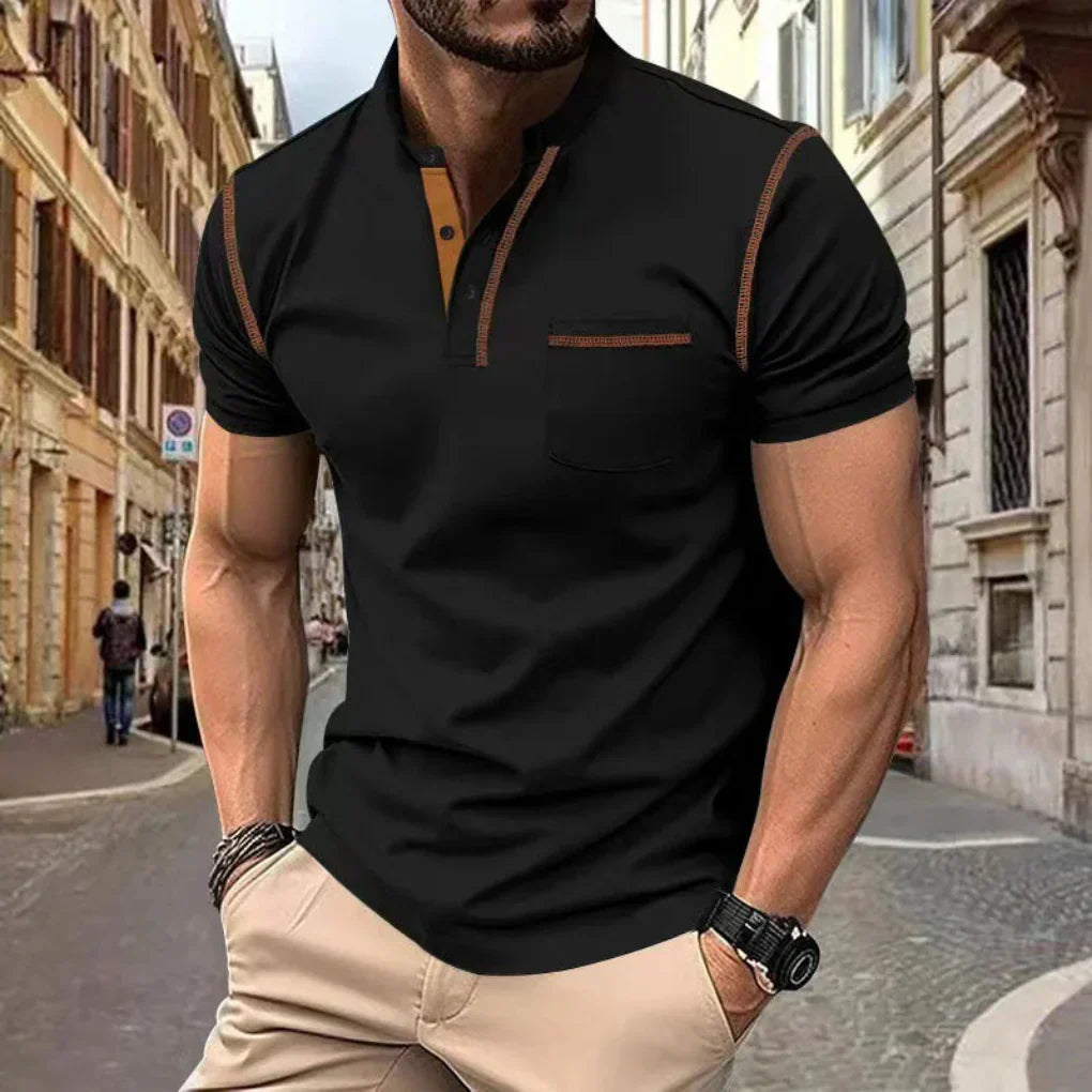 Olvoria | Men's Short Sleeve Henley Shirt with Contrast Stitching