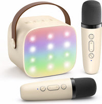 Olvoria | Mini máquina de karaoke portátil con altavoz Bluetooth y 2 micrófonos inalámbricos – Veylo