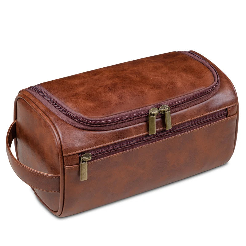 Olvoria | Premium Leather Toiletry Bag | Three-Layer Water-Repellent Design | Integrated Metal Hook for Hanging | 25x13x13 cm | Compact Travel Organizer with Quick Access Pocket
