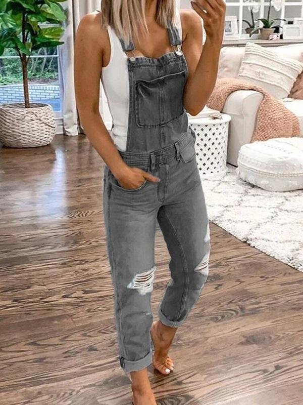 Olvoria | Women's Denim Jumpsuit Ripped Ankle Length