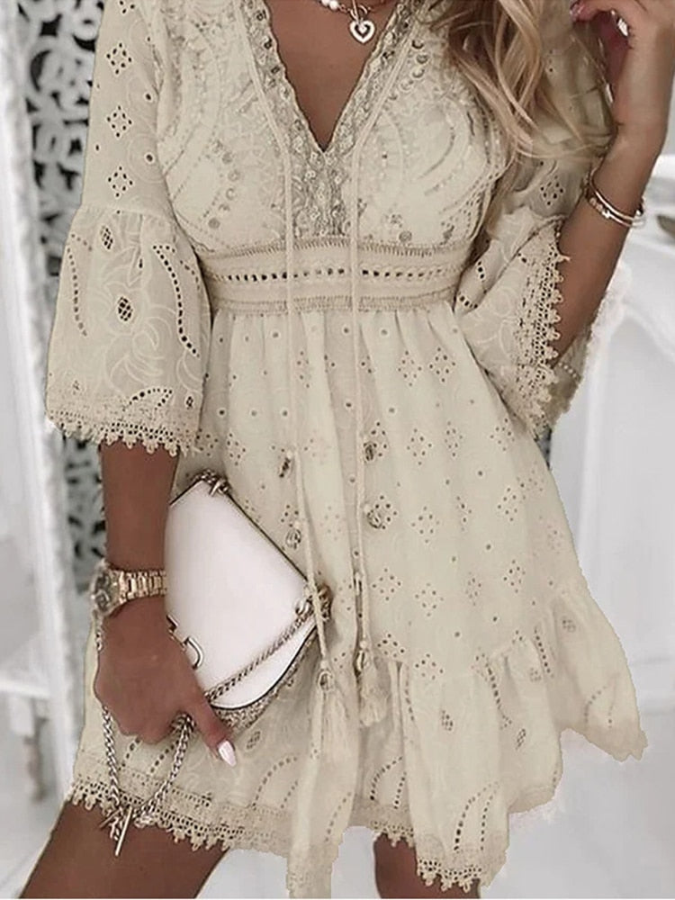 Olvoria | Women's Eyelet Mini Dress with Flare Sleeves