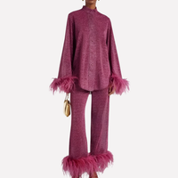 Olvoria | Conjunto de camisa y pantalón con adornos de plumas para mujer