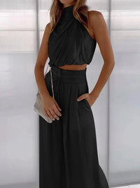 Olvoria | Conjunto de top halter y pantalones de pierna ancha para mujer