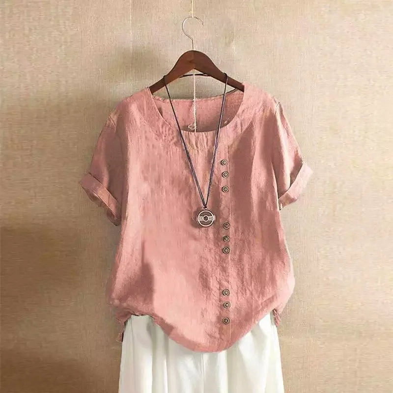 Olvoria | Women's Linen Blend Button Blouse Short Sleeve