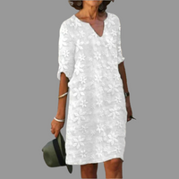Olvoria | Vestido midi con escote en V y superposición de encaje floral para mujer