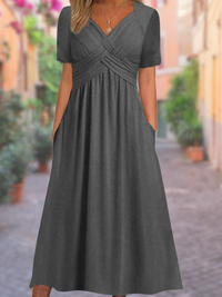 Olvoria | Vestido midi de mujer con escote en V y cuerpo fruncido