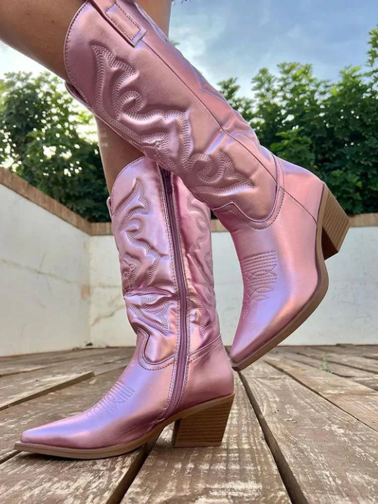 Olvoria | Women's Western Cowboy Boots with Metallic Finish