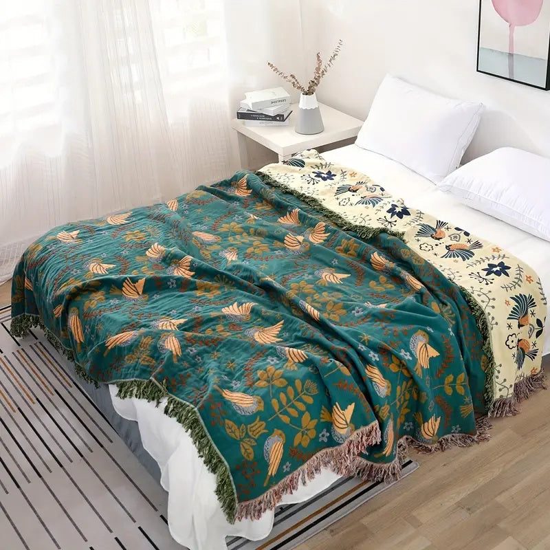 Reversible Scandinavian Bird Blanket | 100% Cotton Blanket