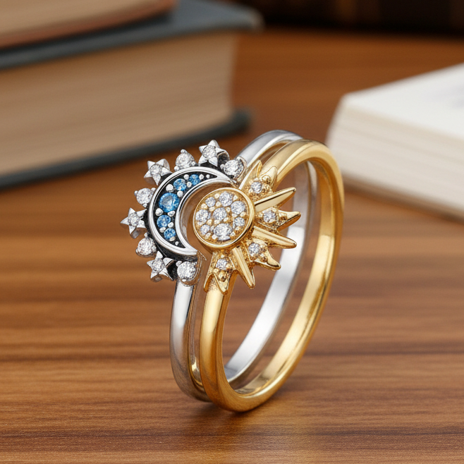 Sparkling Silver Crystal Ring - Elegant 925 Silver Ring with Moon & Sun Design